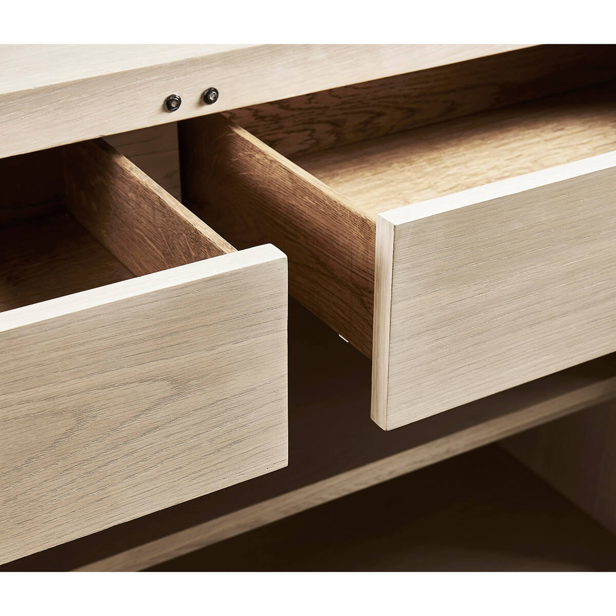 Detailed view of cabinet's wooden drawer construction