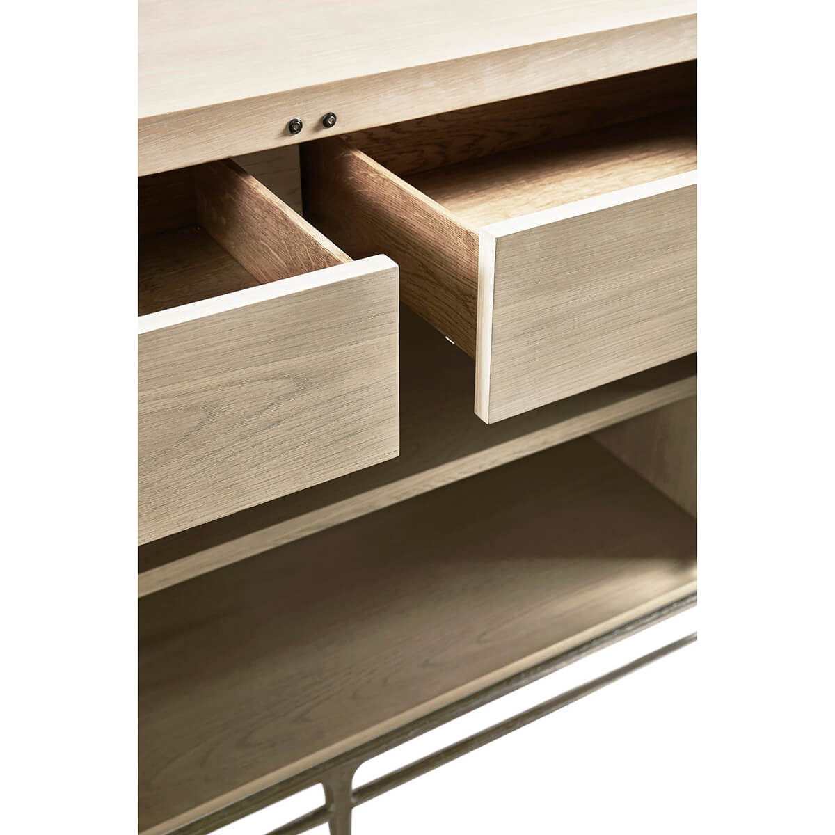 Close-up of open drawers inside the cabinet