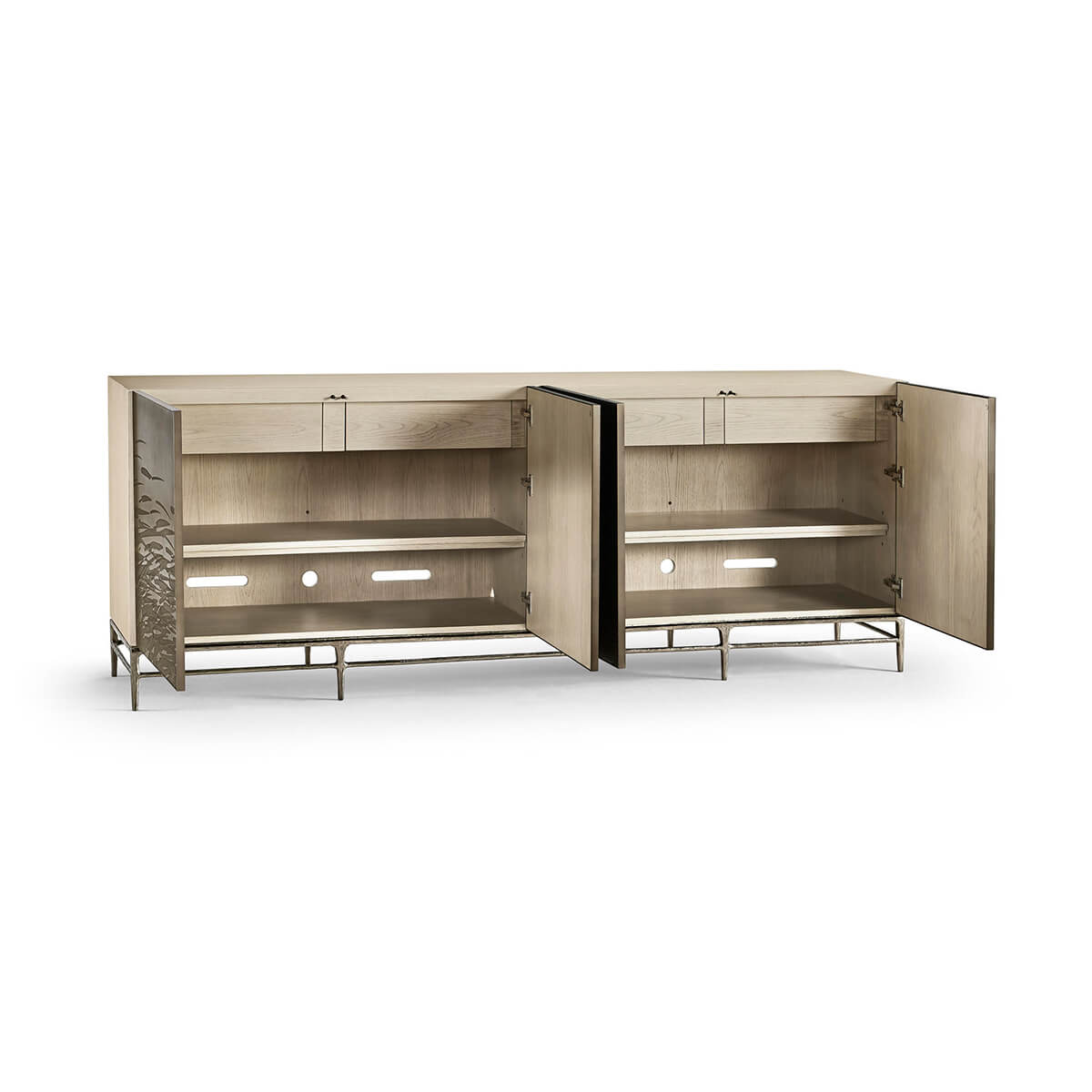 Open cabinet doors showing shelves inside