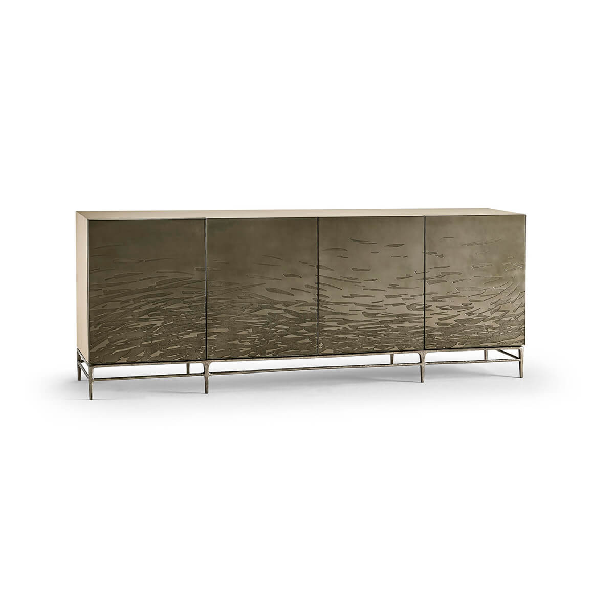 Side angle of modern etched brass media cabinet