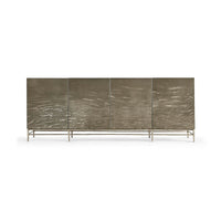 Front view of modern etched brass media cabinet