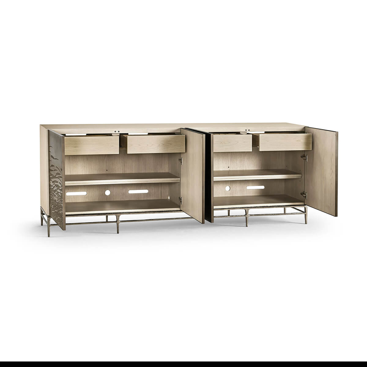 Cabinet with open doors and drawers visible
