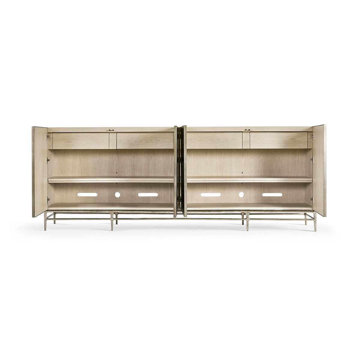 Full open view of cabinet, shelves and compartments