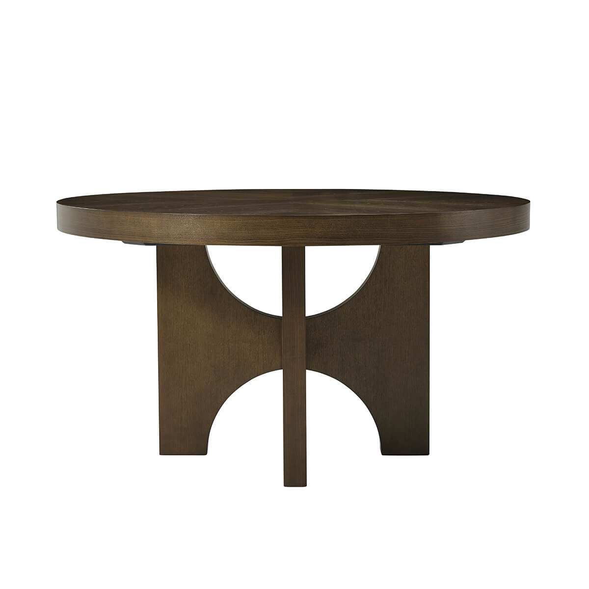Front view, round dark ash dining table.