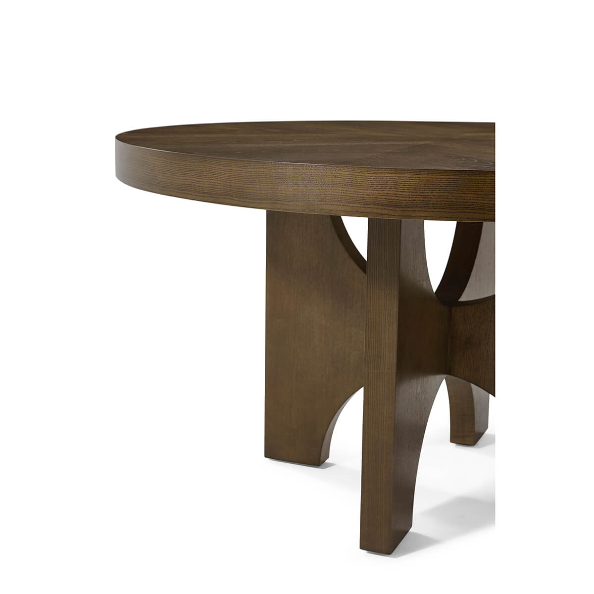 Side angle, base design of dark ash table.