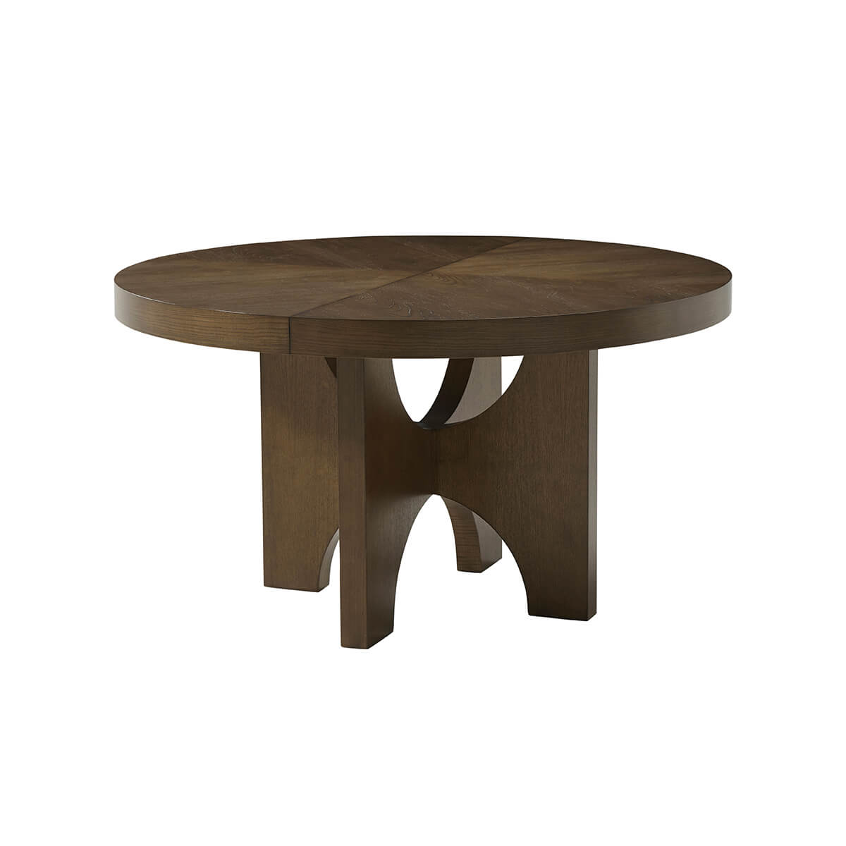 Round dark ash dining table, retracted configuration.
