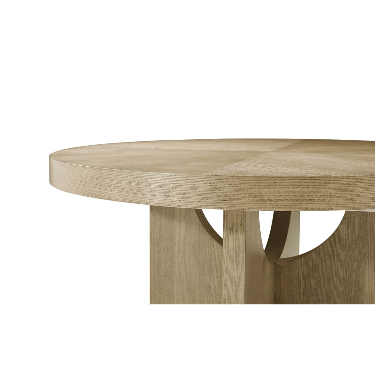 Dining table side view highlighting base and tabletop.