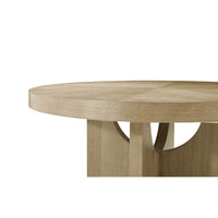 Dining table side view highlighting base and tabletop.