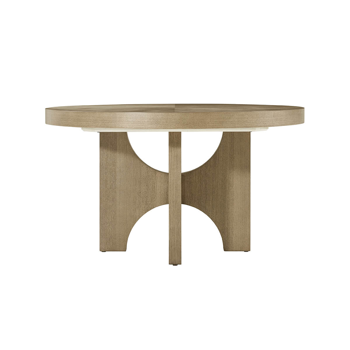 Side view of dining table with unique base design.