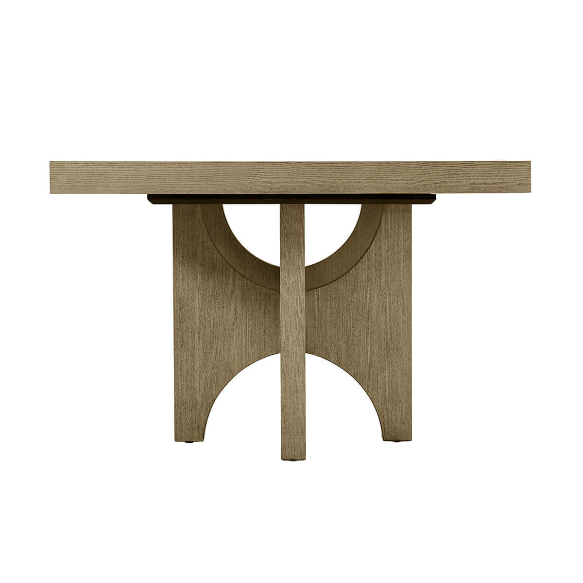 Light ash dining table end view close-up.