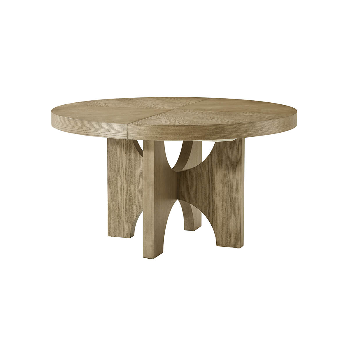 Extending round dining table, side perspective view.