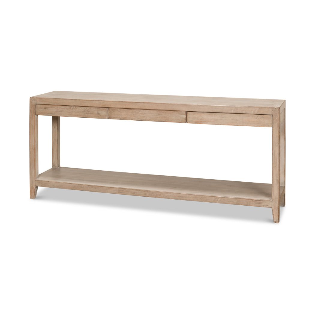 Modern farmhouse console table angled front view.