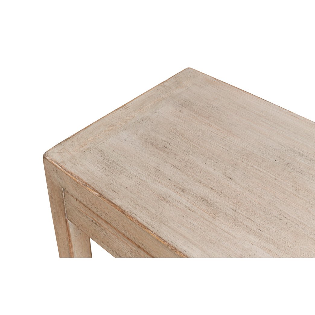 Close-up of modern farmhouse console table top corner.