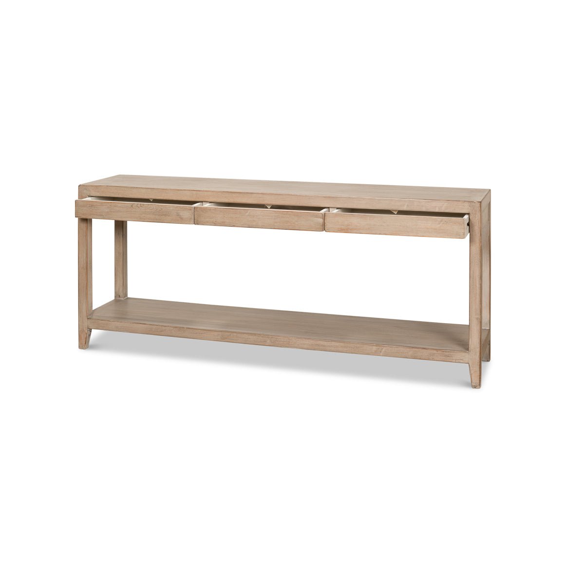 Modern farmhouse console table with partially opened drawers.