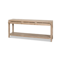 Modern farmhouse console table with partially opened drawers.
