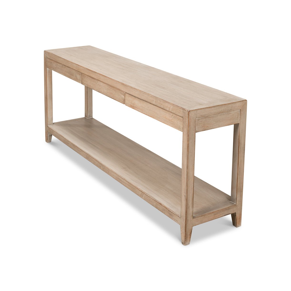 Angled view of modern farmhouse console table design.