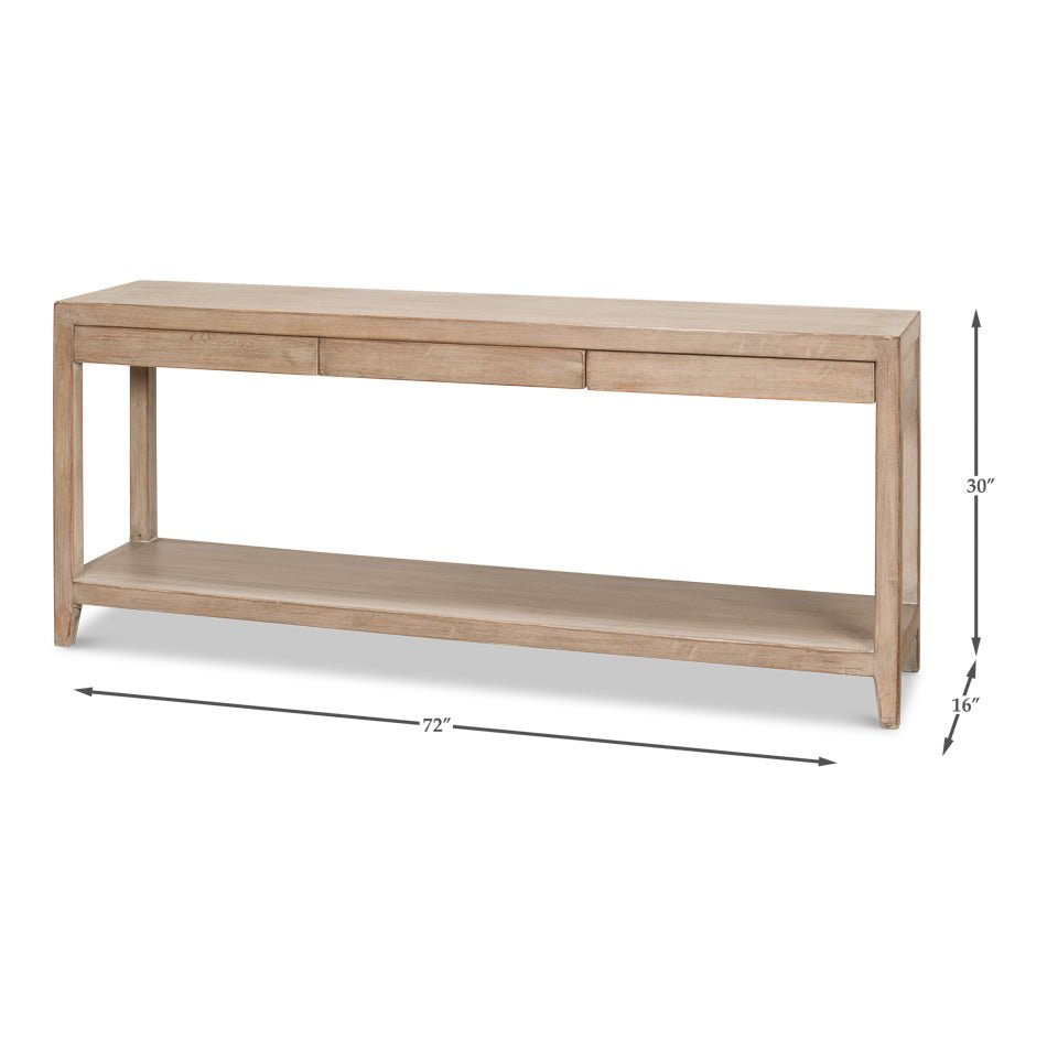 Dimensions shown for modern farmhouse console table size.