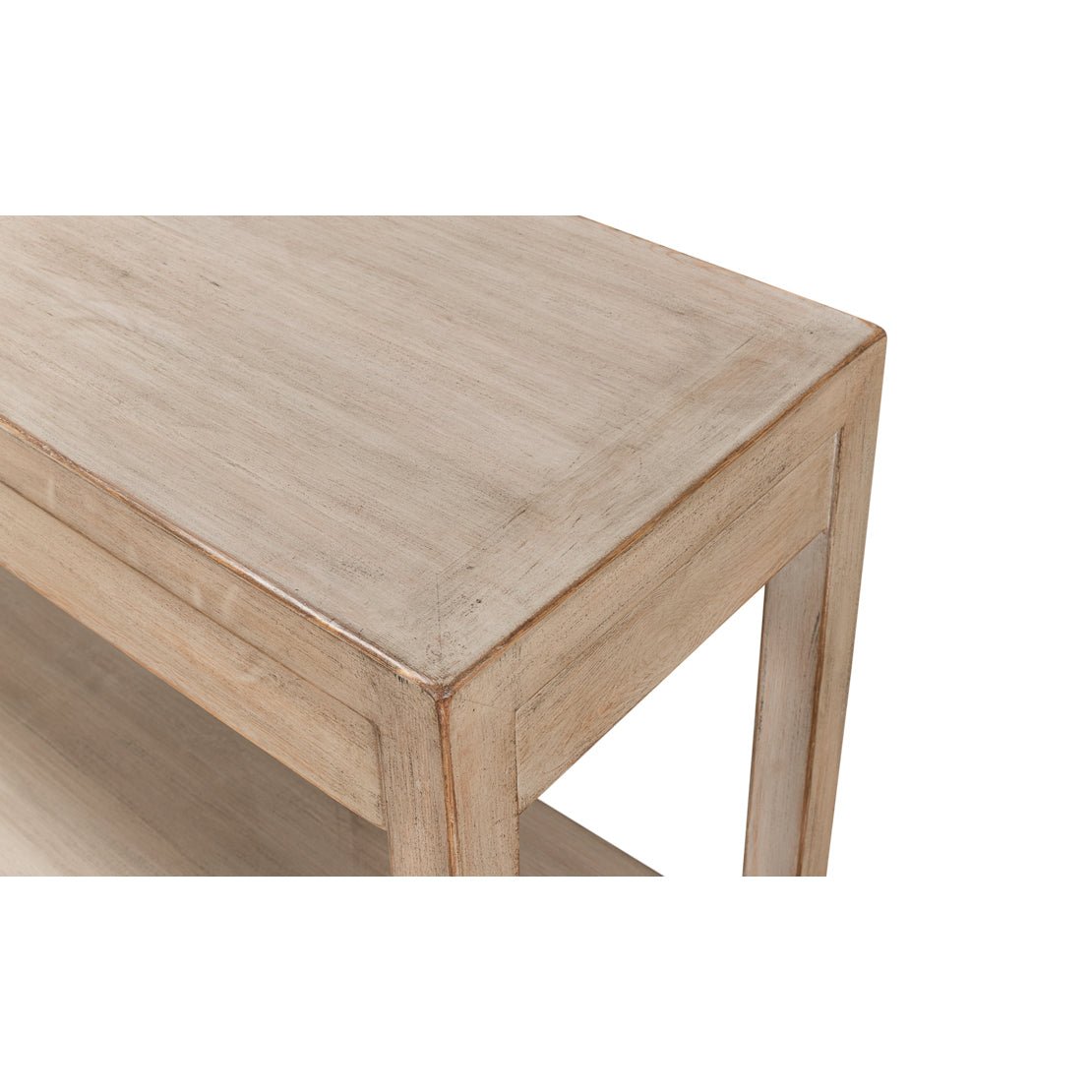 Detailed corner view of modern farmhouse console table.