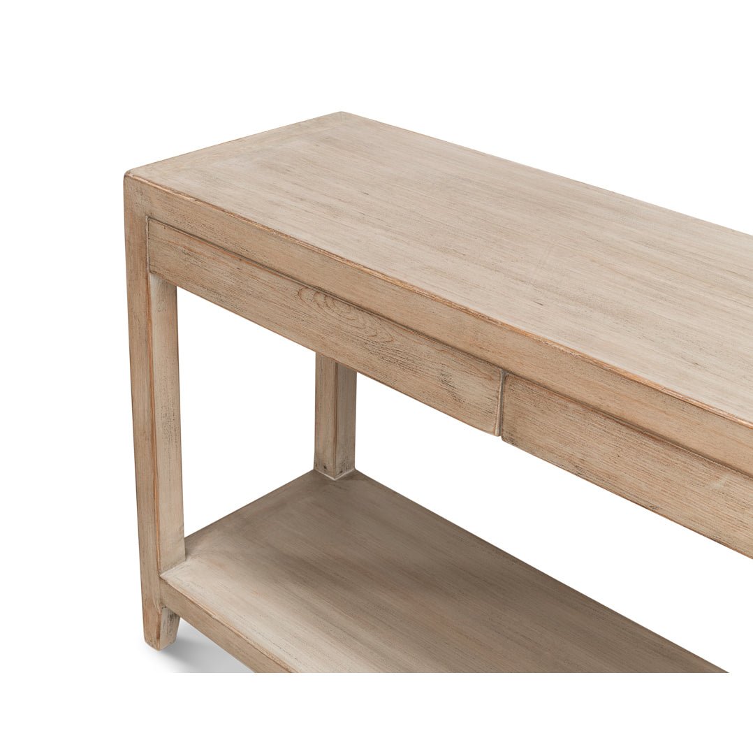 Side detail of modern farmhouse console table drawers.