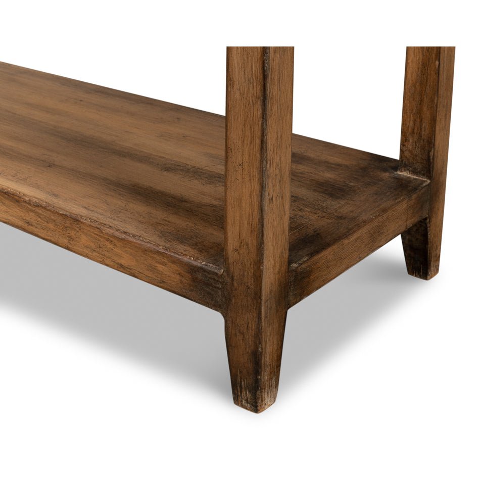Leg detail, modern farmhouse console table, walnut finish.