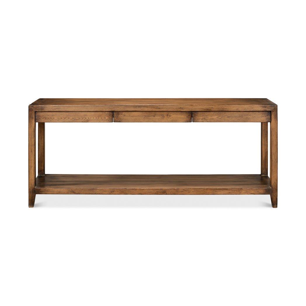 Front view, modern farmhouse console table, walnut finish.