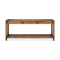 Front view, modern farmhouse console table, walnut finish.