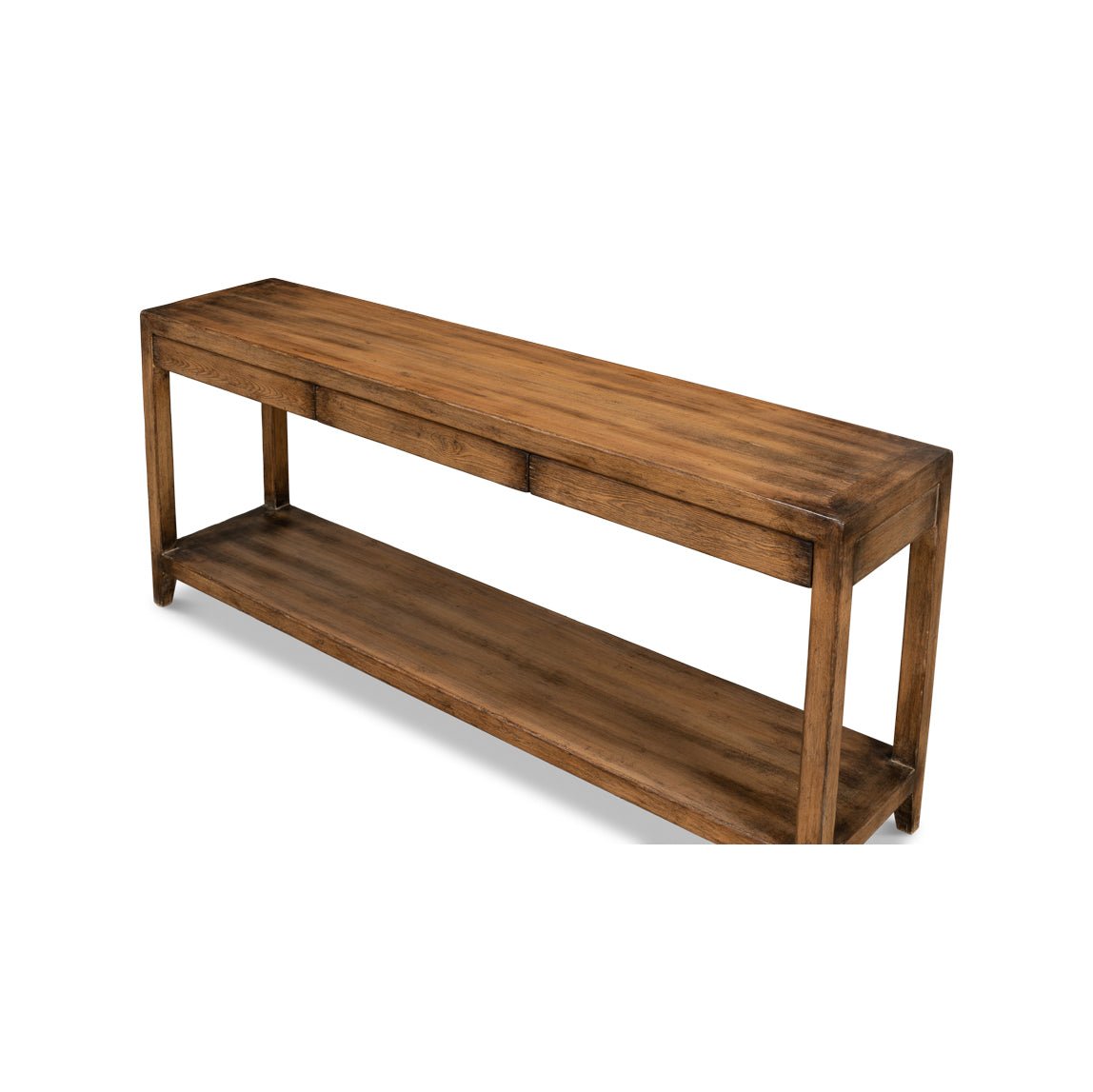 Top view, modern farmhouse console table, walnut finish.