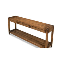 Top view, modern farmhouse console table, walnut finish.