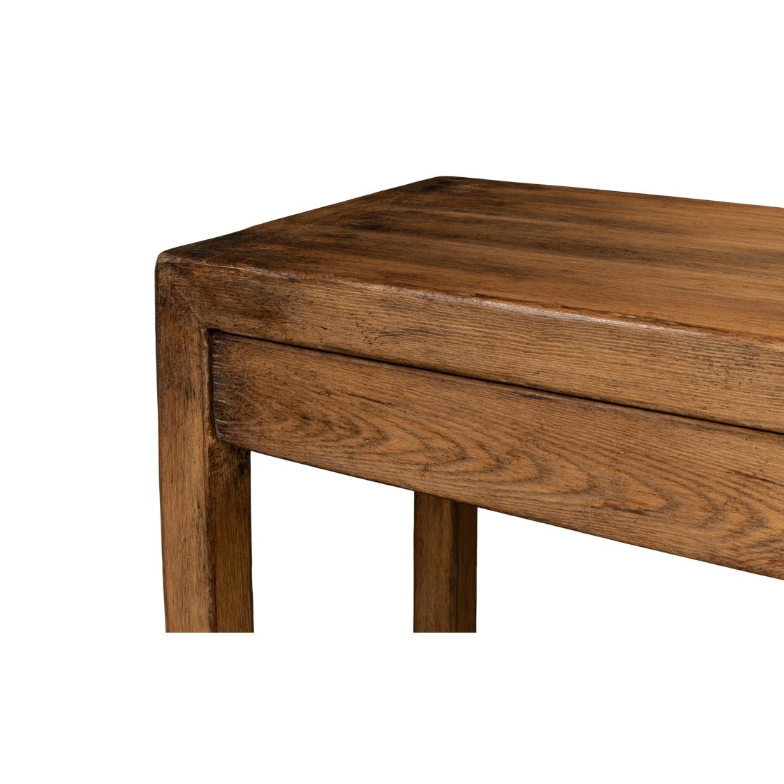 Corner detail, modern farmhouse console table, walnut finish.