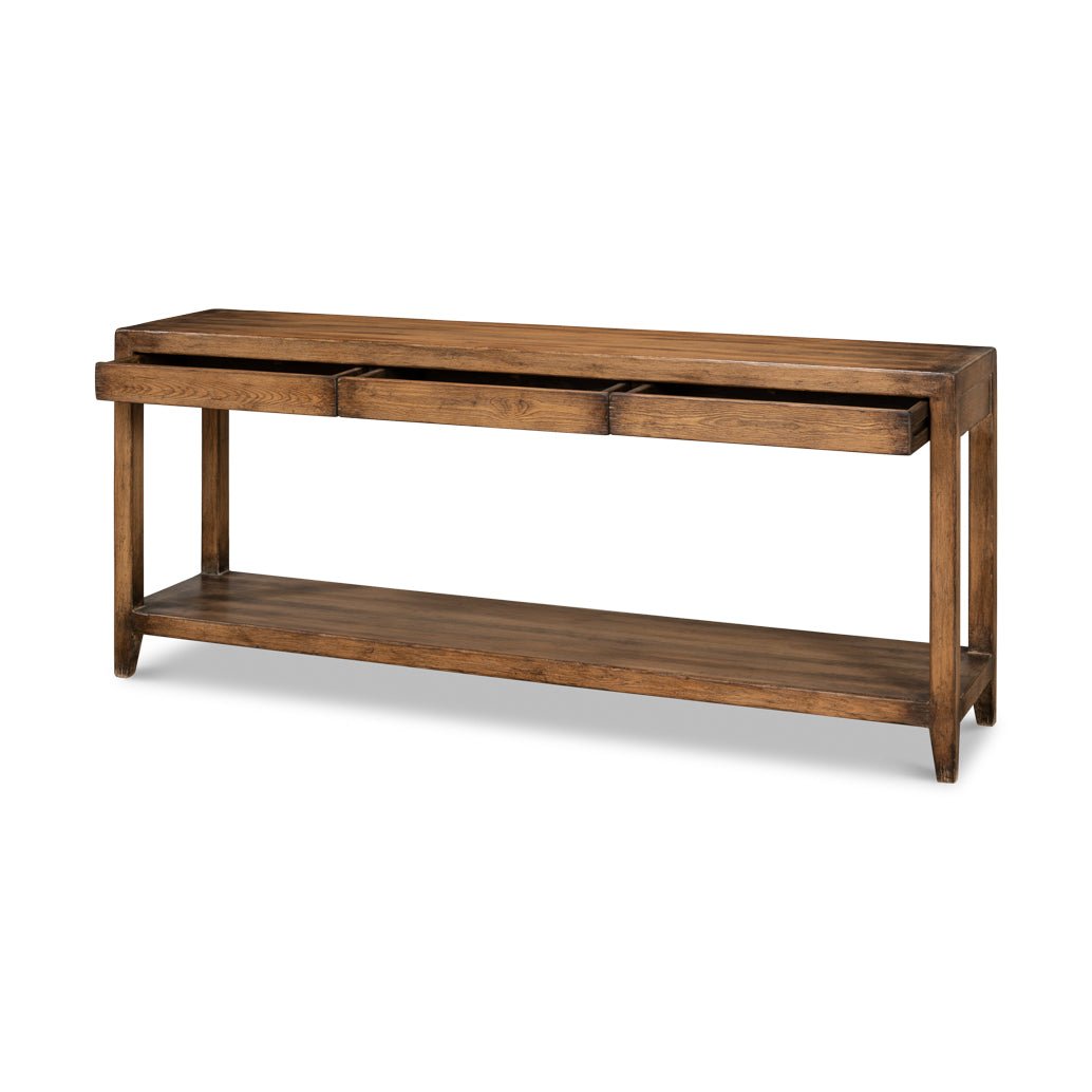 Console table with drawer open, modern farmhouse style.