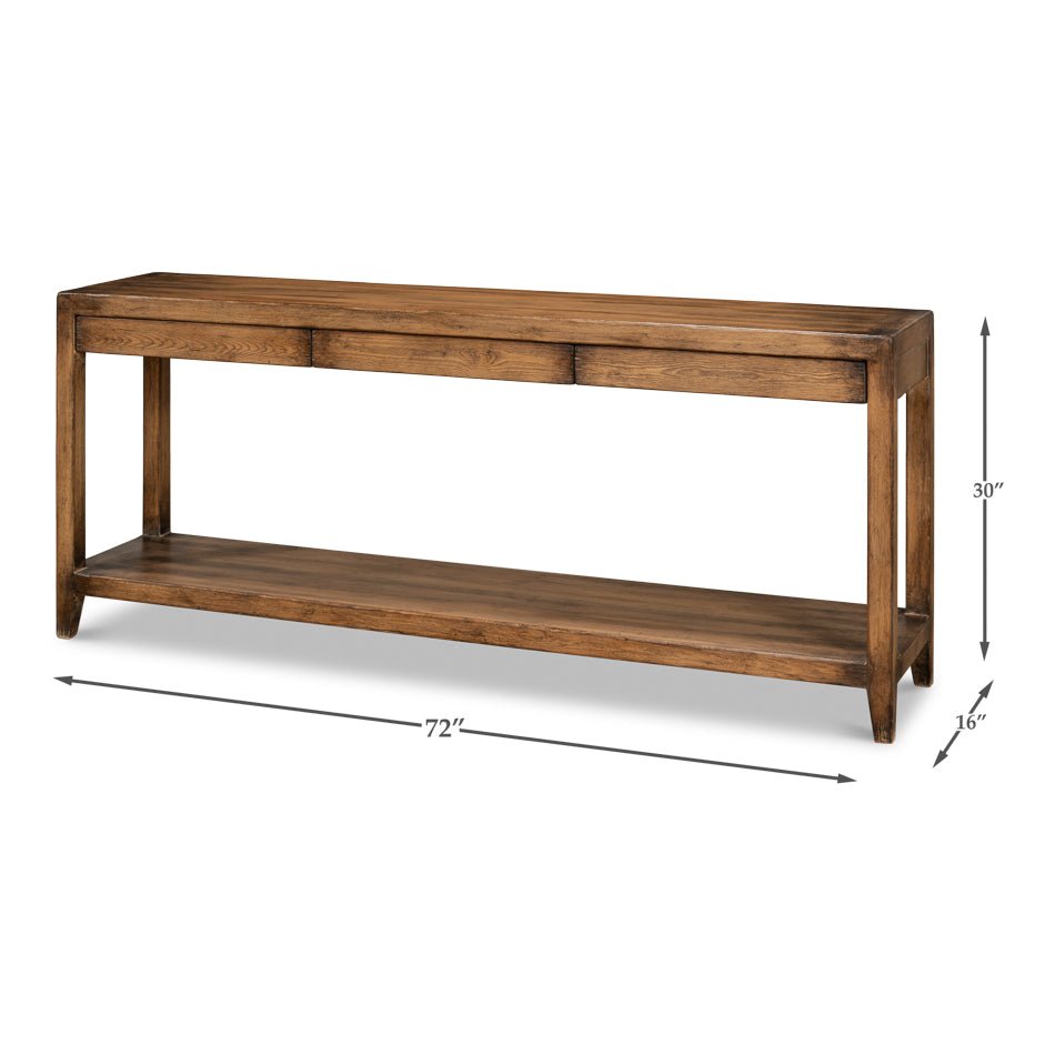 Dimensions of modern farmhouse console table, walnut finish.