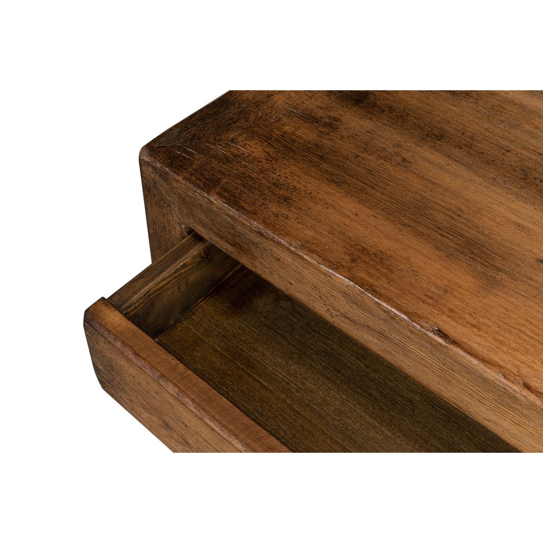 Drawer detail, modern farmhouse console table, walnut finish.