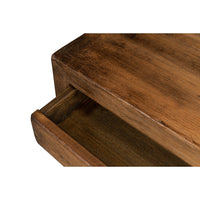 Drawer detail, modern farmhouse console table, walnut finish.