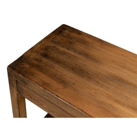 Close-up of tabletop, walnut finish, console table detail.