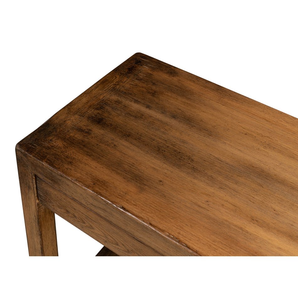 Close-up of tabletop, walnut finish, console table detail.