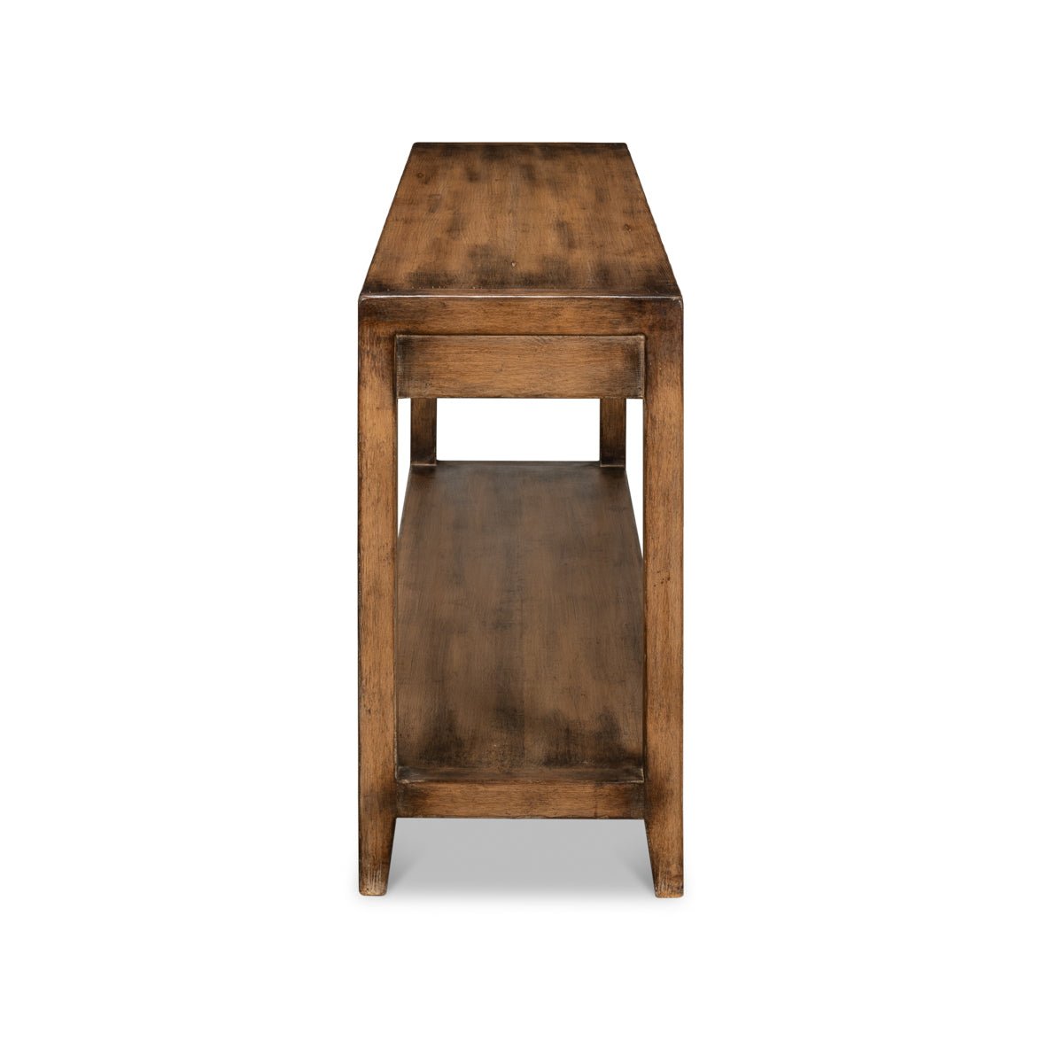 Side view, modern farmhouse console table, walnut finish.