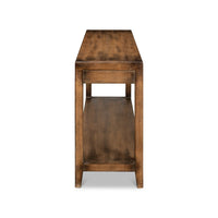 Side view, modern farmhouse console table, walnut finish.