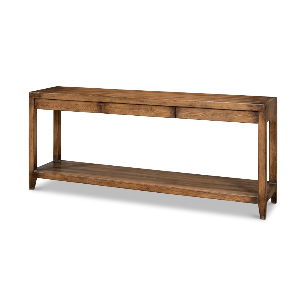 Modern farmhouse console table, angled view, walnut finish.