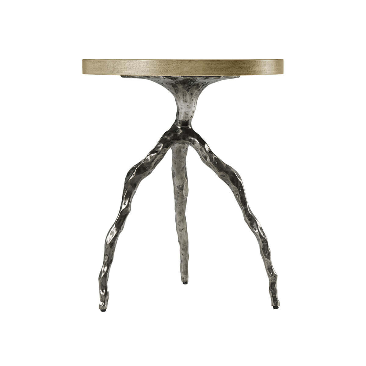 Front view of modern accent table with intricate legs.