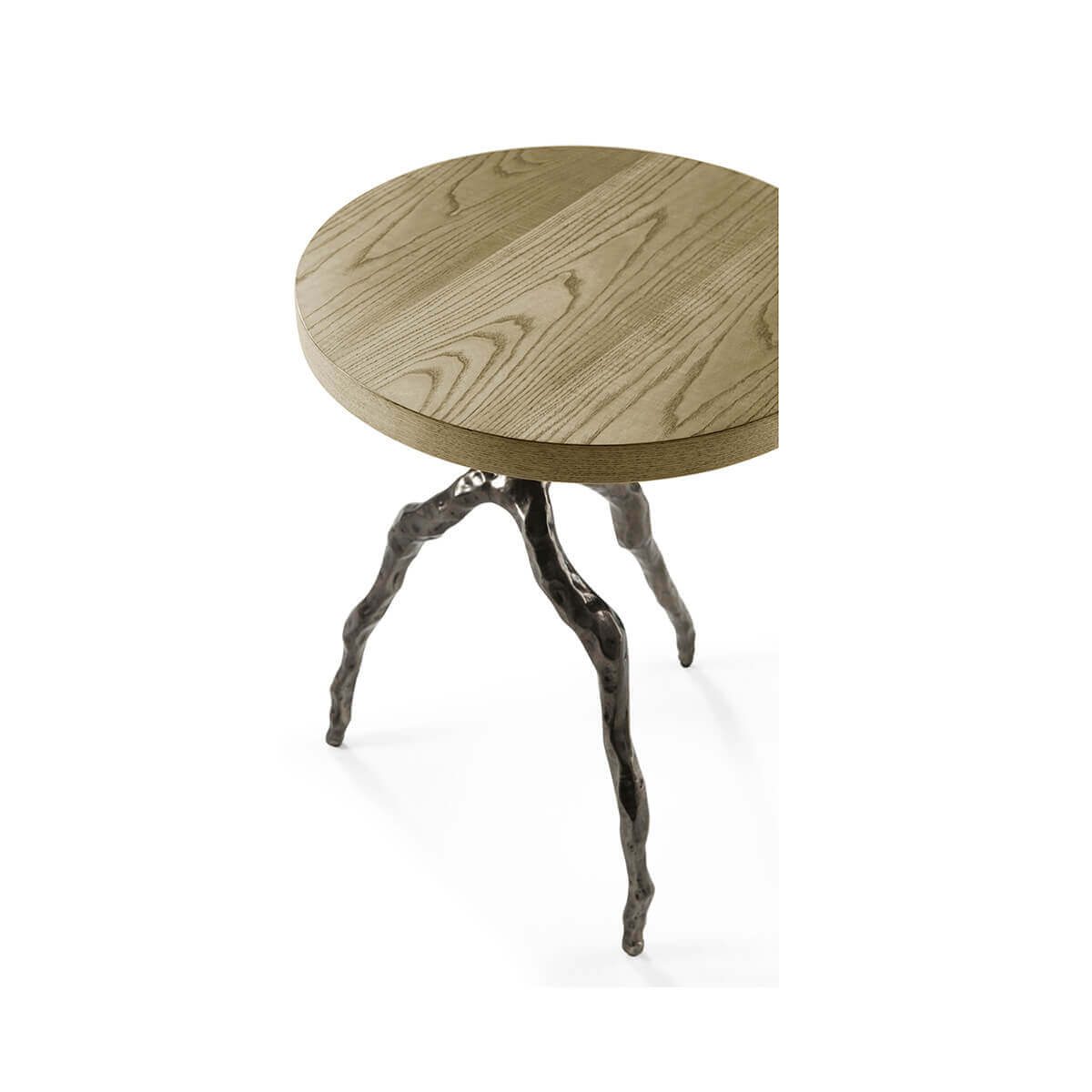 Angled view of modern accent table showing wood grain.