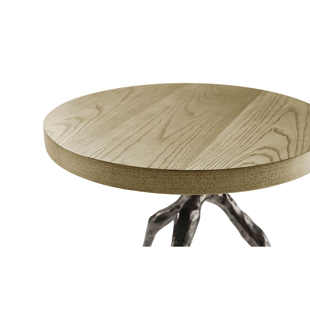 Close-up of modern accent table's textured wood top.
