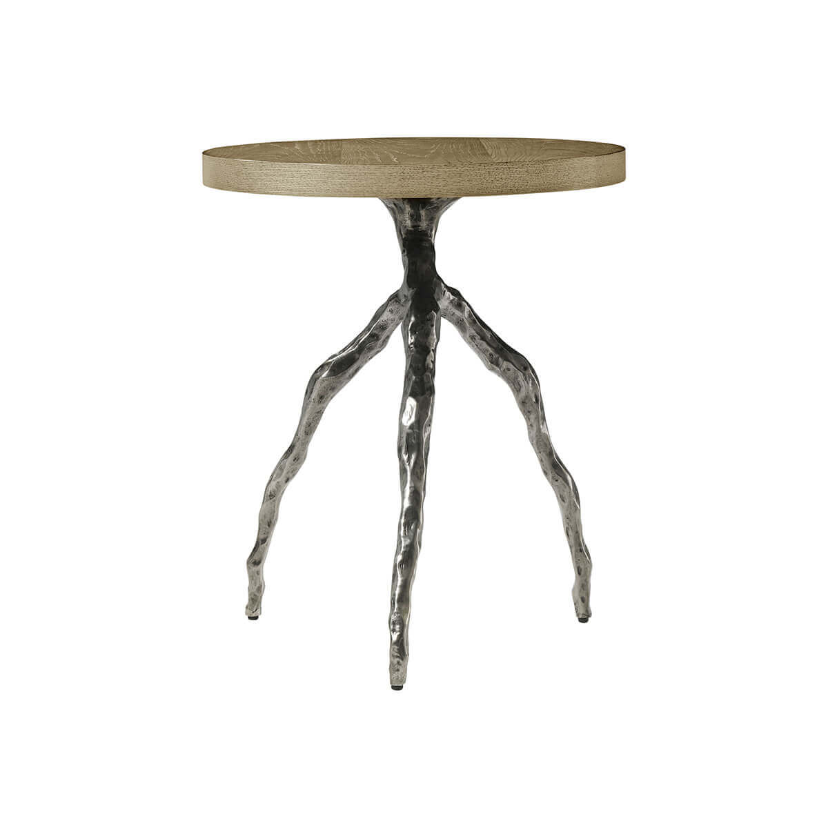 Side view of modern accent table with sturdy legs.