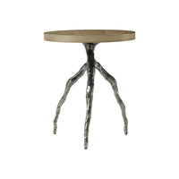 Side view of modern accent table with sturdy legs.