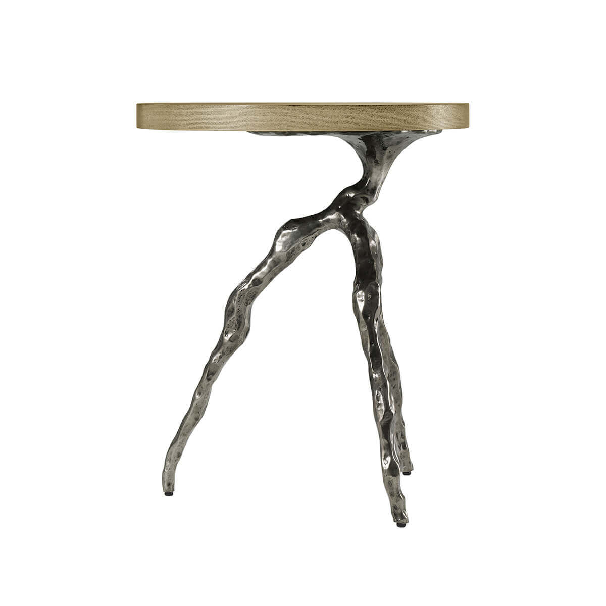 Profile view of modern accent table's leg design.