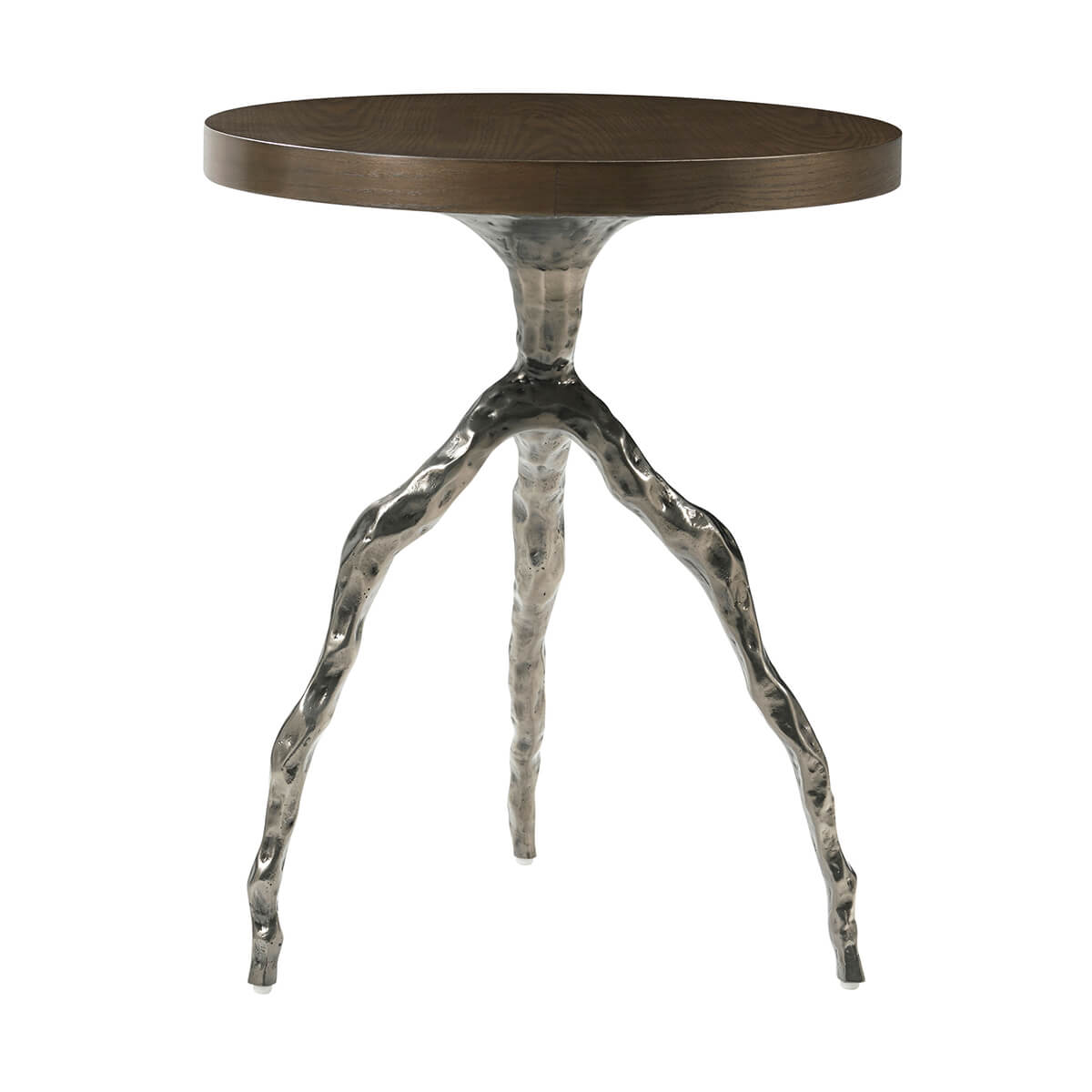 Stylish faux bois table showcasing textured metallic legs.