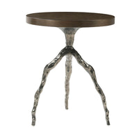 Stylish faux bois table showcasing textured metallic legs.