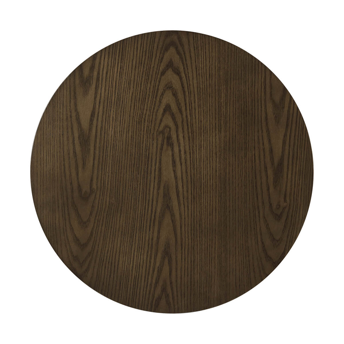 Close-up of circular wood tabletop with earthy finish.