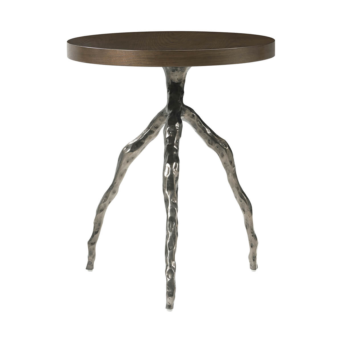 Front view of modern faux bois accent table design.
