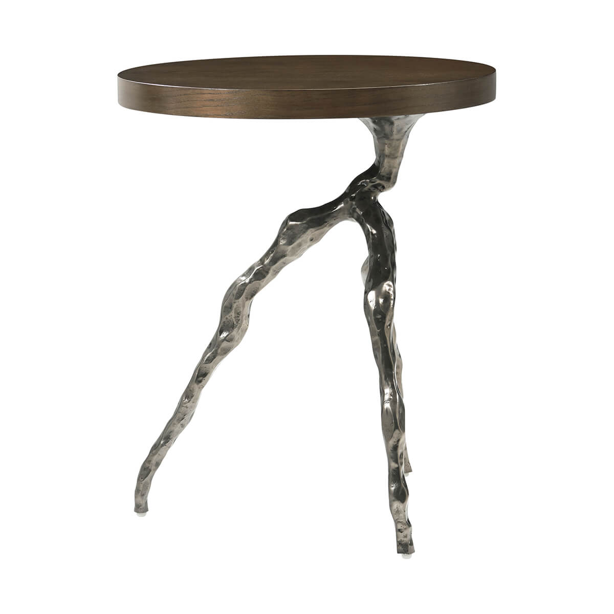 Angular view of modern faux bois table with unique base.