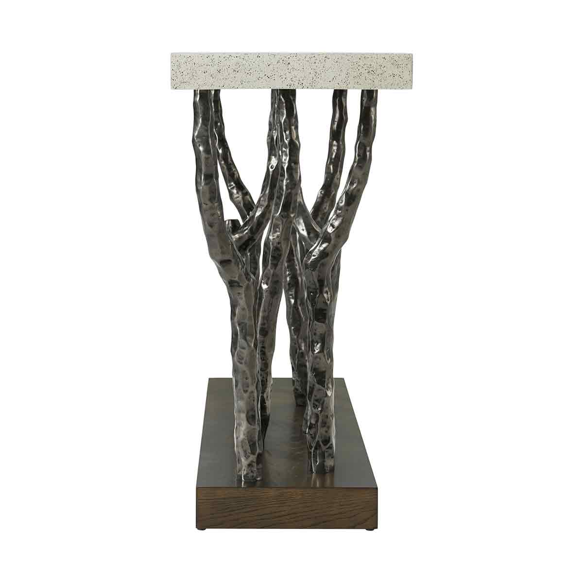 Side view of console table showing base and leg details.